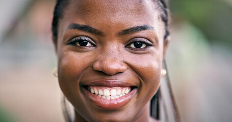 Girl, student and outdoor for portrait with smile, academic opportunity or scholarship. Woman, happy or face on university campus for exchange programme, ambition or ready for new semester in Nigeria