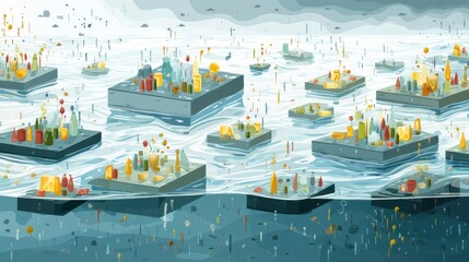 Fototapeta premium Floating Garbage Islands Pollute the Ocean and Disrupt Marine Ecosystems While Raising Awareness About Oceanic Waste Management