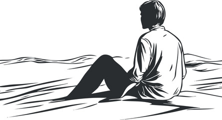 Silhouette of a man sitting alone on sand dunes, relaxing and contemplating in nature