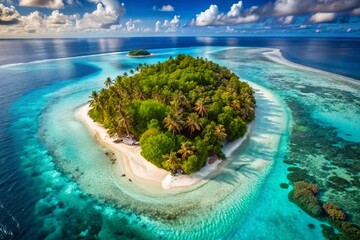 Obraz premium Aerial Drone Shot: Lush Tropical Island, Vibrant Coral Reef