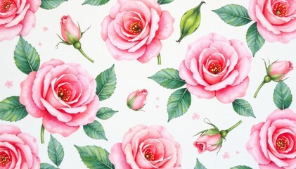 Delicate watercolor roses repeat, soft pastel hues, floral wallpaper, background