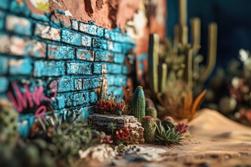 Miniature desert scene with a graffiti-covered turquoise brick wall and various cacti and succulents.
