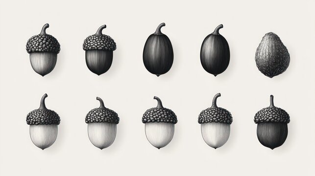 Monochrome acorns and gourds; autumn harvest; studio; food background; design