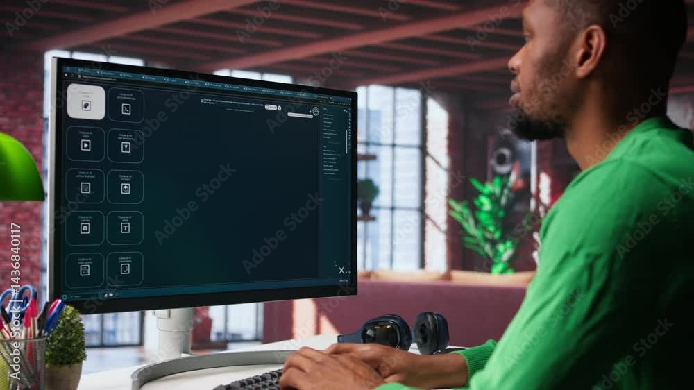 Poster african american user operates generative ai program to create digital photos in modern loft. man ex