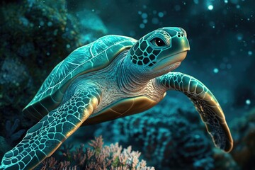 Fototapeta premium A majestic sea turtle gracefully swims through a vibrant coral reef, illuminated by an ethereal underwater glow.