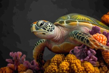 Fototapeta premium A green sea turtle gracefully moves among vibrant coral reefs, showcasing the beauty of marine life.