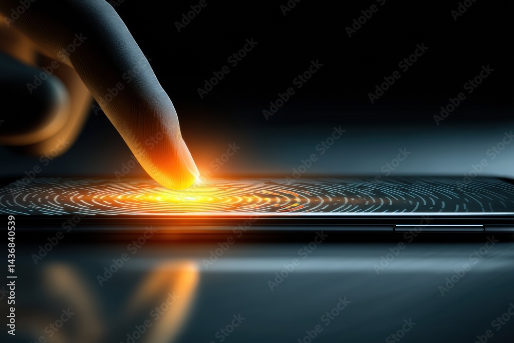 Poster floating hand touches smartphone with glowing biometric scanner in a dimly lit modern setting, showc