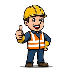 Cartoon construction worker giving a thumbs up with a yellow hard hat and orange safety vest standing tall