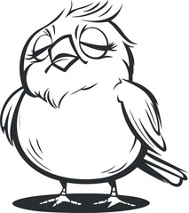 Cute cartoon bird with closed eyes standing peacefully in black and white line art style