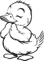 Black and white cartoon illustration of a cute, fluffy duckling standing with eyes closed and a peaceful expression.