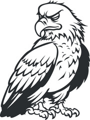Black and white illustration of a fierce eagle with sharp beak and claws perched, showing detailed feathers.