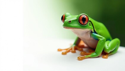 Obraz premium Green tree frog perched on white, vibrant colors, texture, white background