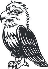 Black and white stylized illustration of a fierce eagle bird with detailed feathers and sharp beak