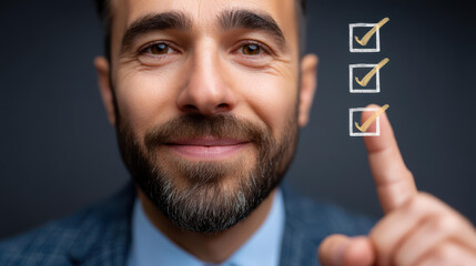 A businessman evaluates options using a checklist, ensuring nothing is overlooked in his professional tasks.
