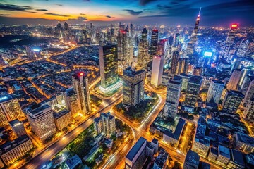 Obraz premium Aerial Night View Illuminated Cityscape - Urban Architecture Panorama