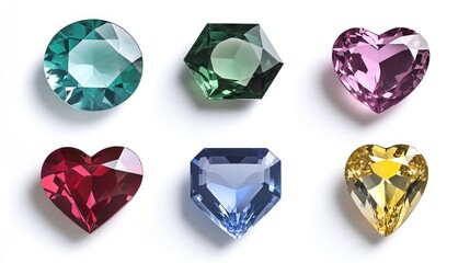 Fototapeta premium Colorful gemstones collection, various cuts, white background, jewelry design