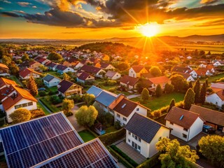 Obraz premium Aerial Sunset View: Solar Panels on Town Rooftops - Macro Photography