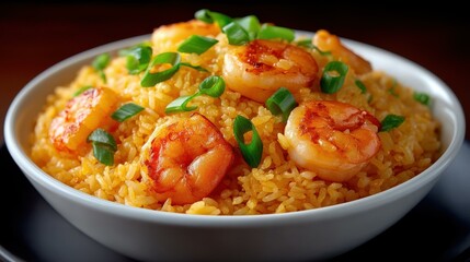 Savor the vibrant colors and textures of Chinese shrimps fried rice in this detailed closeup shot.