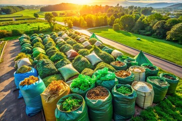 Fototapeta premium Aerial View: Bagged Garden Waste Recycling for Compost & Horticulture