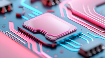 Close-Up of Glowing Pink and Blue Computer Processor on Circuit Board