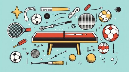 Pool table with various sports equipment, playful background, fun illustration, perfect for sports websites