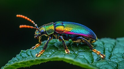 Fototapeta premium Vibrant jewel beetle resting on a deep green leaf iridescent exoskeleton reflecting the light extreme macro wildlife shot