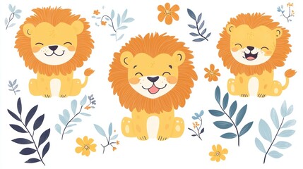Fototapeta premium Three cute cartoon lions sitting among flowers and leaves for kids wall art