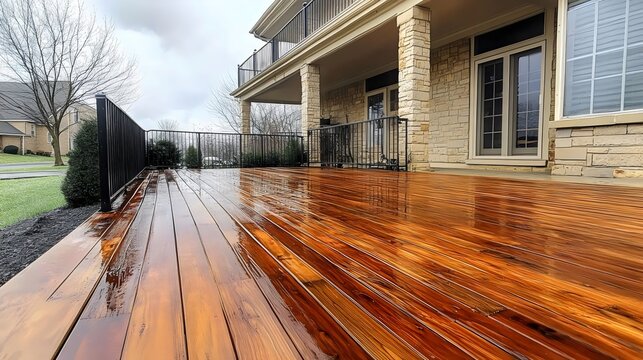A newly-stained wooden deck glistens, reflecting the sky in a beautiful outdoor setting.