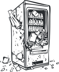 Black and white illustration of a broken and damaged vending machine with scattered debris.