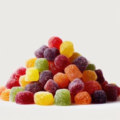 Pile of colorful candy drops on white background