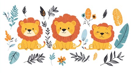 Naklejka premium Three cute lion cubs sitting amidst tropical foliage; jungle background; children's book illustration