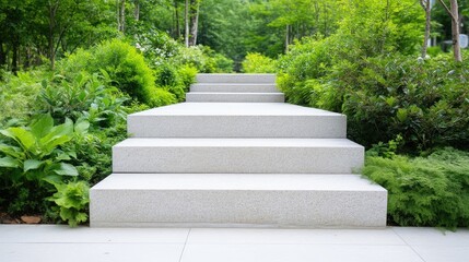 Obraz premium Stone Steps Lush Greenery Tranquil Minimalist Style High-Resolution Sharp Focus Centered Straight View Textured Surface Ascending Pathway Serene Garden Cool Neutral Tones Ideal for Landscape Design