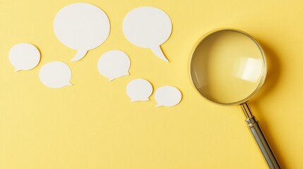 Providing survey feedback and receiving evaluation feedback, with a speech bubble under a magnifying lens to represent sharing opinions on a topic of discussion