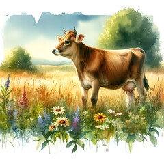 Brown cow standing in the field. Watercolor technique