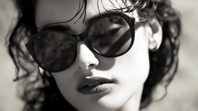 Monochrome portrait of a stylish young woman wearing round sunglasses with wet curly hair close up.