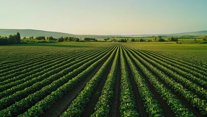 Vast agricultural field stretching to horizon.  Rows of crops line the landscape.  Sunrise or sunset light bathes the fields in a soft glow