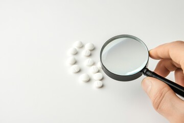 Pharmaceutical counterfeiting or fake pills are tested and verified under a magnifying glass on a white background