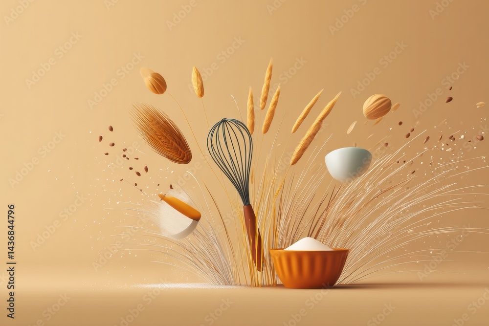 Poster floating bakery elements create a whimsical culinary display with whisk, flour, sugar, and tart shel