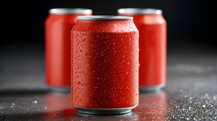 Close-up of Three Red Aluminum Beverage Cans with Water Droplets