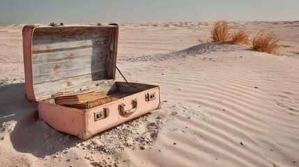 A weathered pink vintage suitcase sits open in a desolate desert landscape under a clear sky revealing old books inside.