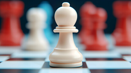 Close Up of White Chess Piece on Board with Red Pieces in Background