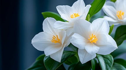 Close Up of White Jasmine Flowers with Green Leaves on Dark Background
