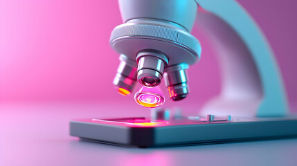 Close-Up View of a Microscope with Pink and Blue Lighting in a Laboratory Setting