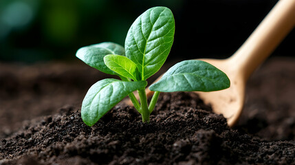Close Up of Young Green Plant Sprouting from Dark Soil with Wooden Spoon