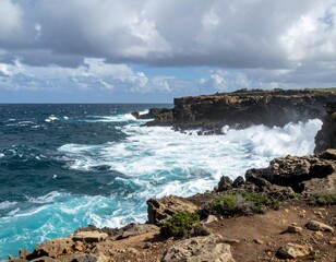 Dramatic waves crashing against rugged cliffs on a cloudy day seascape