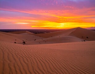 Golden sunset over desert dunes creating a scenic and serene landscape