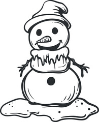 Black and white outline of a melting snowman wearing a hat with a carrot nose and stick arms
