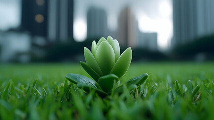 Closeup of a Green Plant Emerging from Dewy Grass Against a Blurred City Background