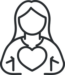 Outline illustration of a woman with a heart symbol on her chest representing love and care