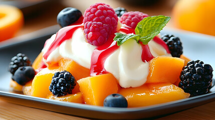 Closeup of a Delicious Fruit Dessert with Mango, Berries and Whipped Cream